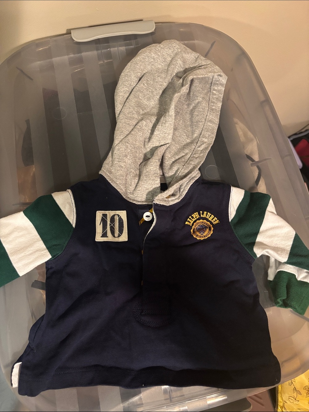 Polo-style Hooded Long Sleeve Top - Navy & Gray